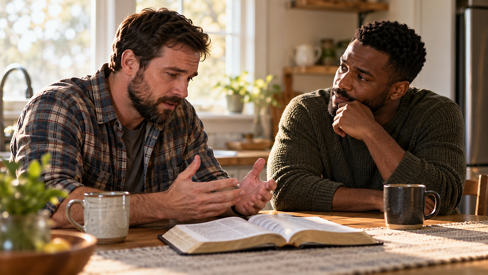 Illustrative photograph of two Christian friends speaking honestly beside an open Bible, showing attentive support during a difficult wait.