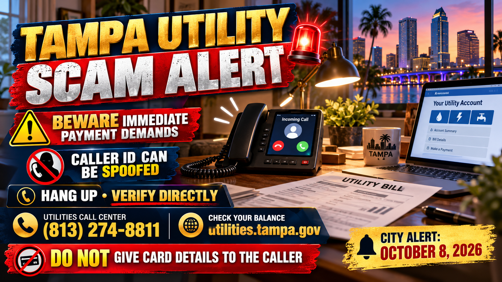 Tampa utility scam, utility bill fraud, spoofed caller ID, Tampa Utilities Call Center, consumer alert