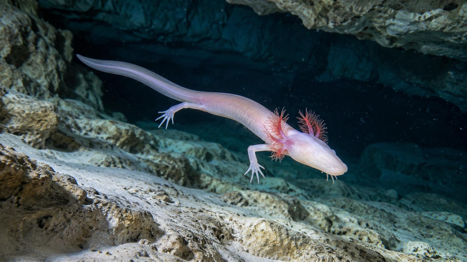 Georgia Blind Salamander swimming through a clear underwater limestone cave passage in the Florida Panhandle