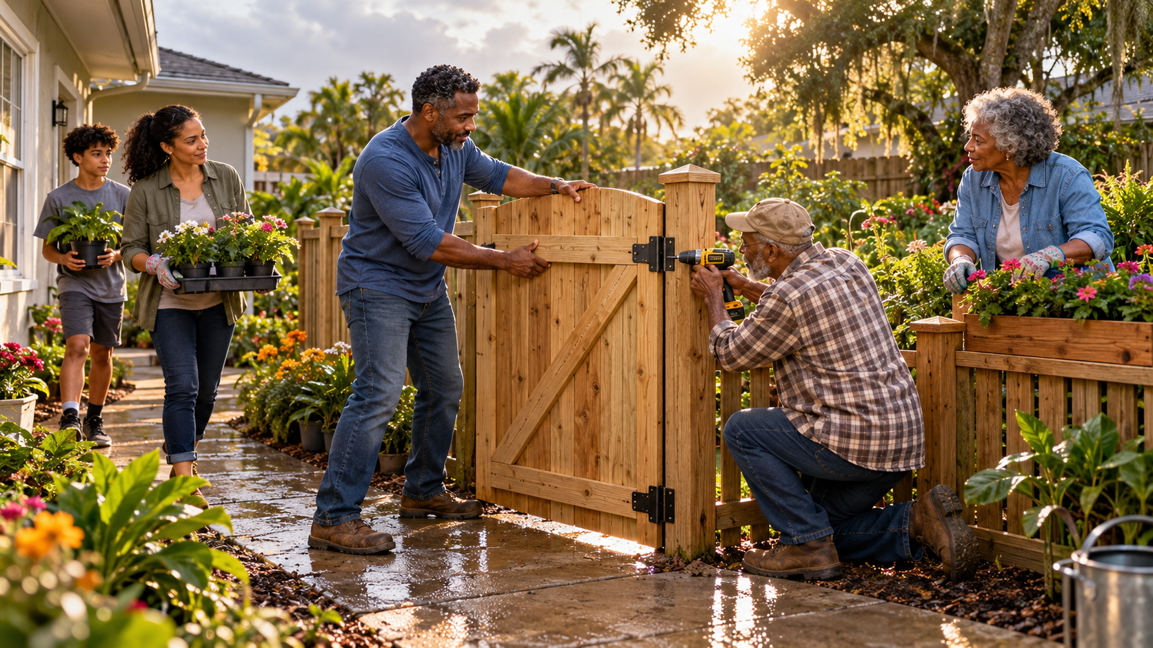 An adult Christian man and his elderly father install a wooden garden gate while his wife, son, and mother carry flowers, illustrating honor with healthy family boundaries.