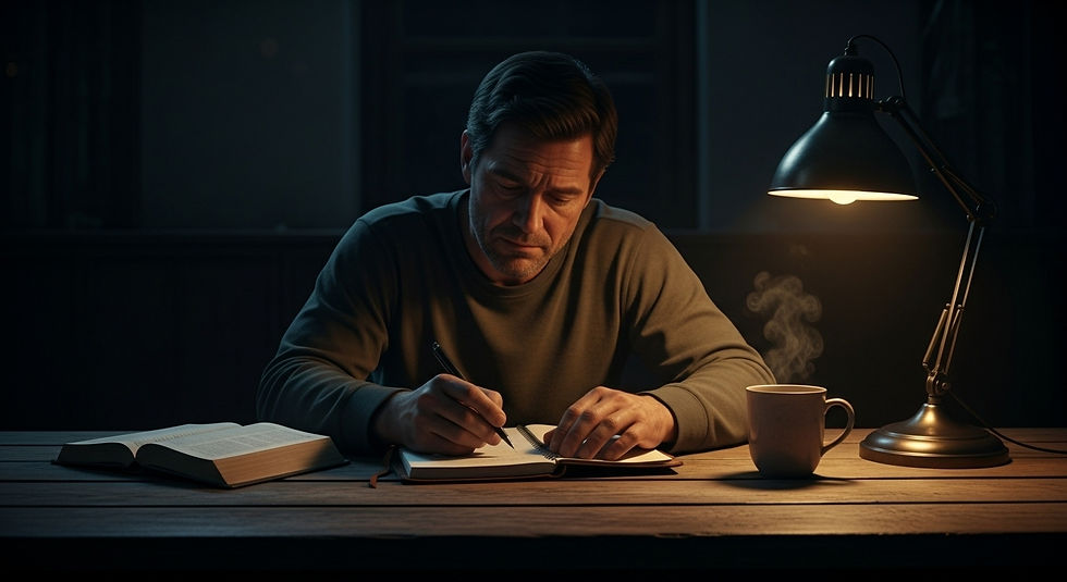 Man writing in a notebook under a desk lamp, beside an open book and steaming mug. Dim, focused setting with an introspective mood.