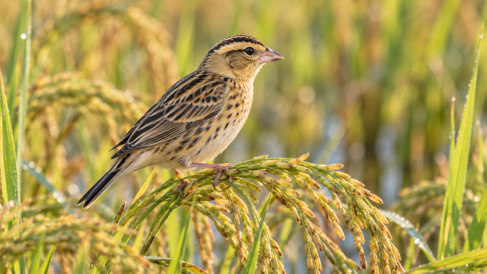 Nonbreeding Bobolink with buff plumage and dark crown stripes perched on a rice seed head