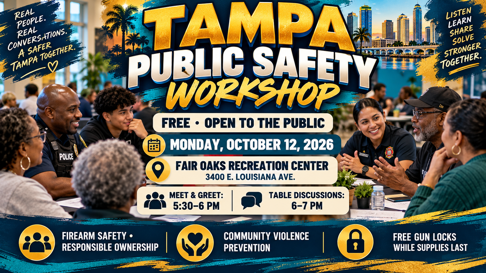 Tampa public safety workshop, Fair Oaks Recreation Center, October 12 2026, community discussion, firearm safety