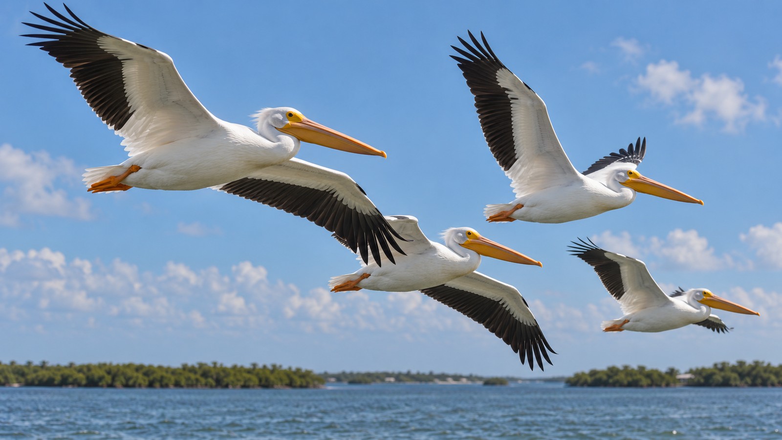 Flock of American White Pelicans in flight showing black flight feathers above a Florida coastal bay