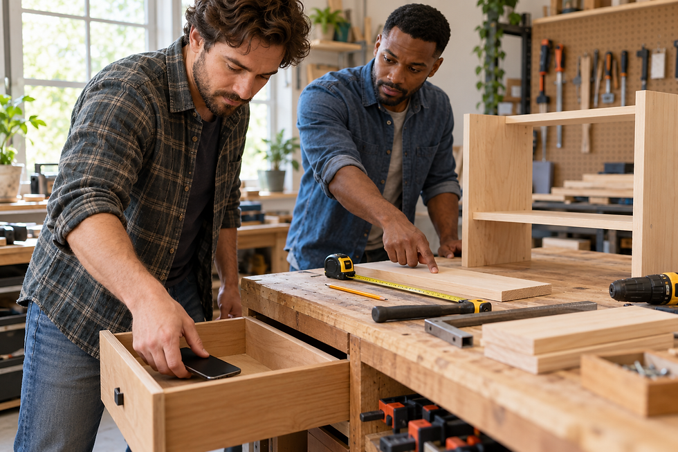 Two men begin a woodworking project after one puts his phone away, illustrating accountability and focused action.