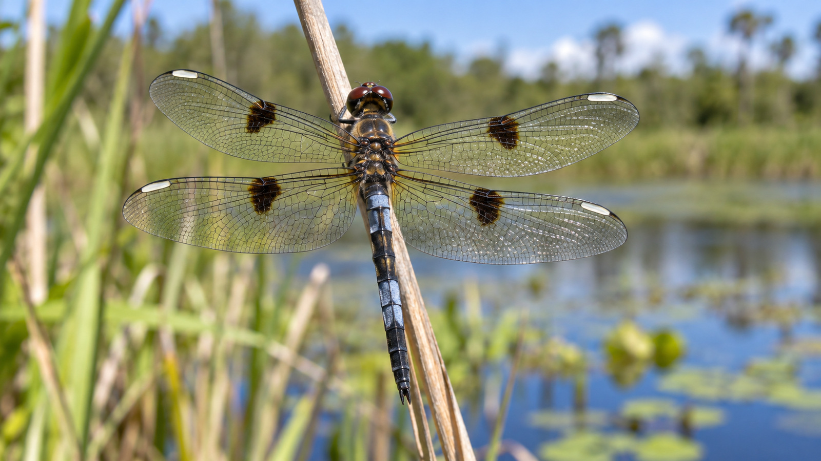 Male Four-Spotted Pennant dragonfly with four dark wing patches perched beside a Florida pond