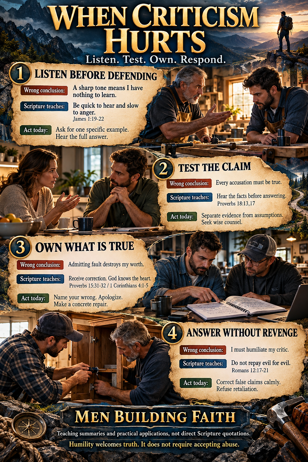 Illustrated biblical lesson on receiving criticism: listen before defending, test the claim, own real fault, and respond without revenge.