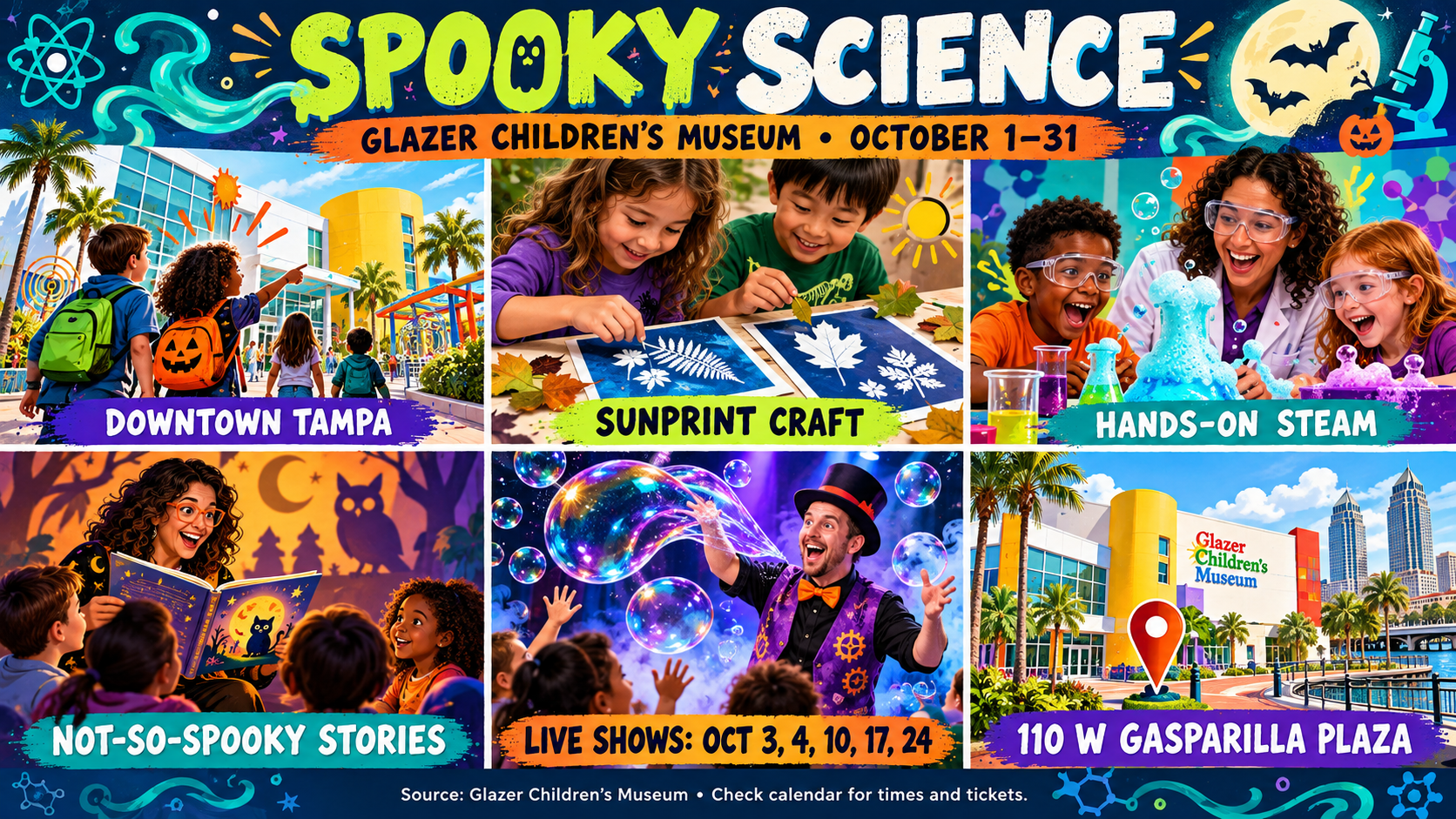Glazer Children's Museum Spooky Science 2026, Tampa family October events, children STEAM Tampa, cyanotype craft Tampa, not scary Halloween kids