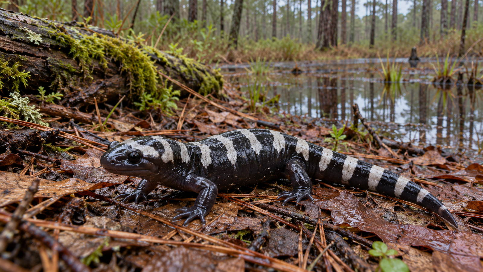 Adult male Marbled Salamander with white crossbands beside a seasonal woodland pool in the Florida Panhandle
