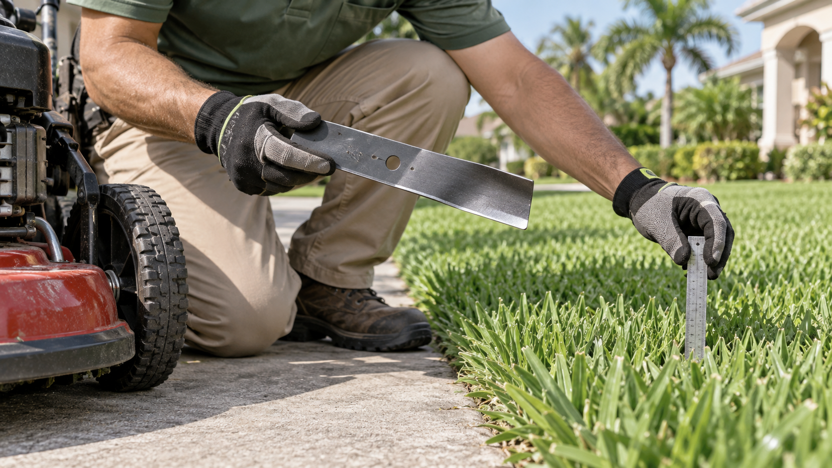 South Tampa homeowner checking a healthy St Augustine lawn