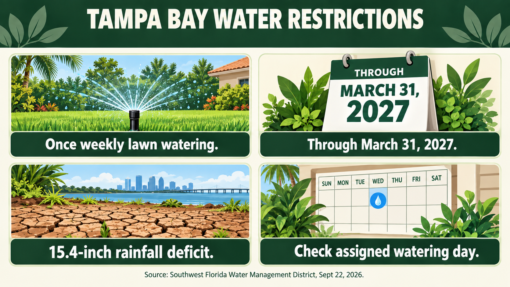 Tampa Bay water restrictions 2026, Tampa watering schedule, South Tampa lawn irrigation, Hillsborough County drought, Tampa Bay drought 2026, Tampa irrigation restrictions, new sod watering Tampa, landscape water conservation Tampa