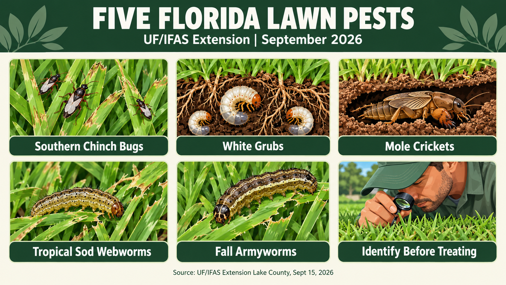 Florida lawn insects, South Tampa chinch bugs, tropical sod webworms Tampa, lawn grubs, mole crickets, fall armyworms, UF IFAS lawn pest diagnosis