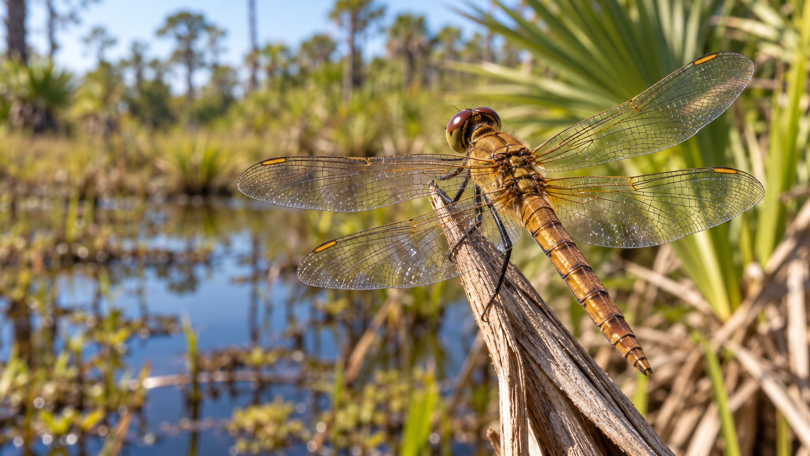 Female Roseate Skimmer dragonfly resting near a temporary Florida rain pool