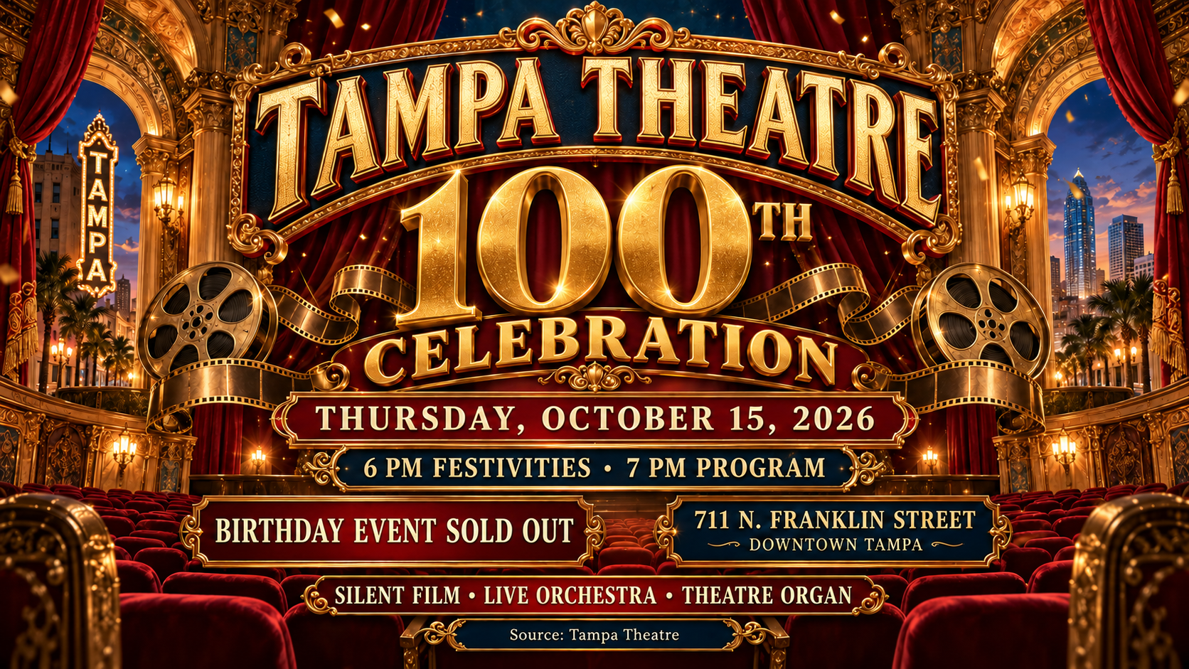 Tampa Theatre, centennial, Tampa events, downtown Tampa, October 15 2026, historic theatre, Sherlock Jr