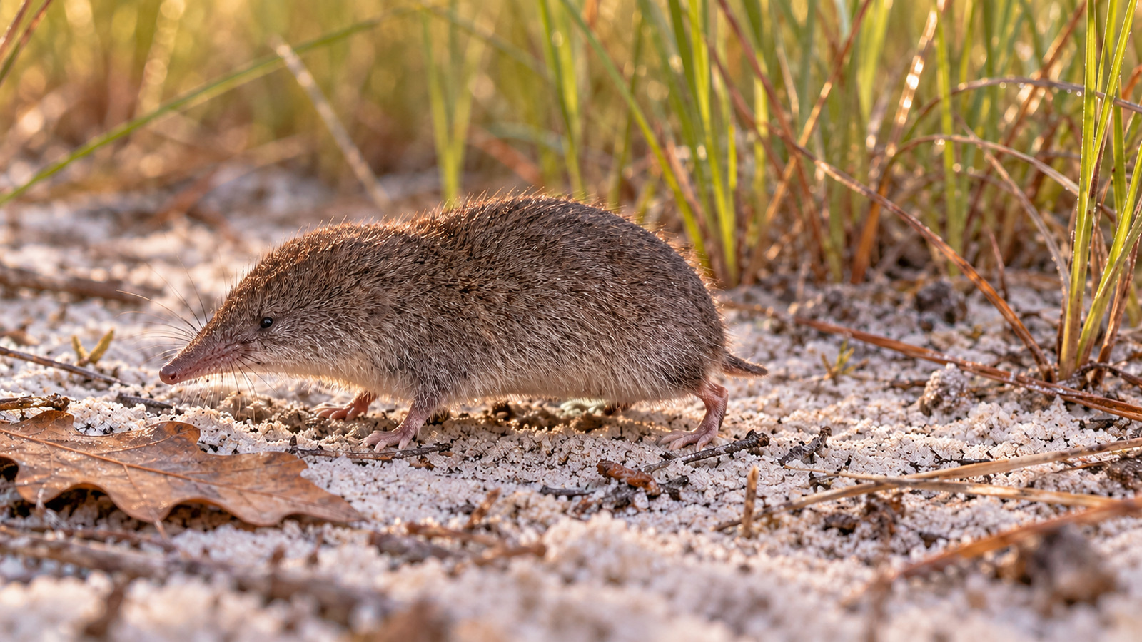 Least Shrew crossing sandy ground beside wiregrass in Florida pine flatwoods