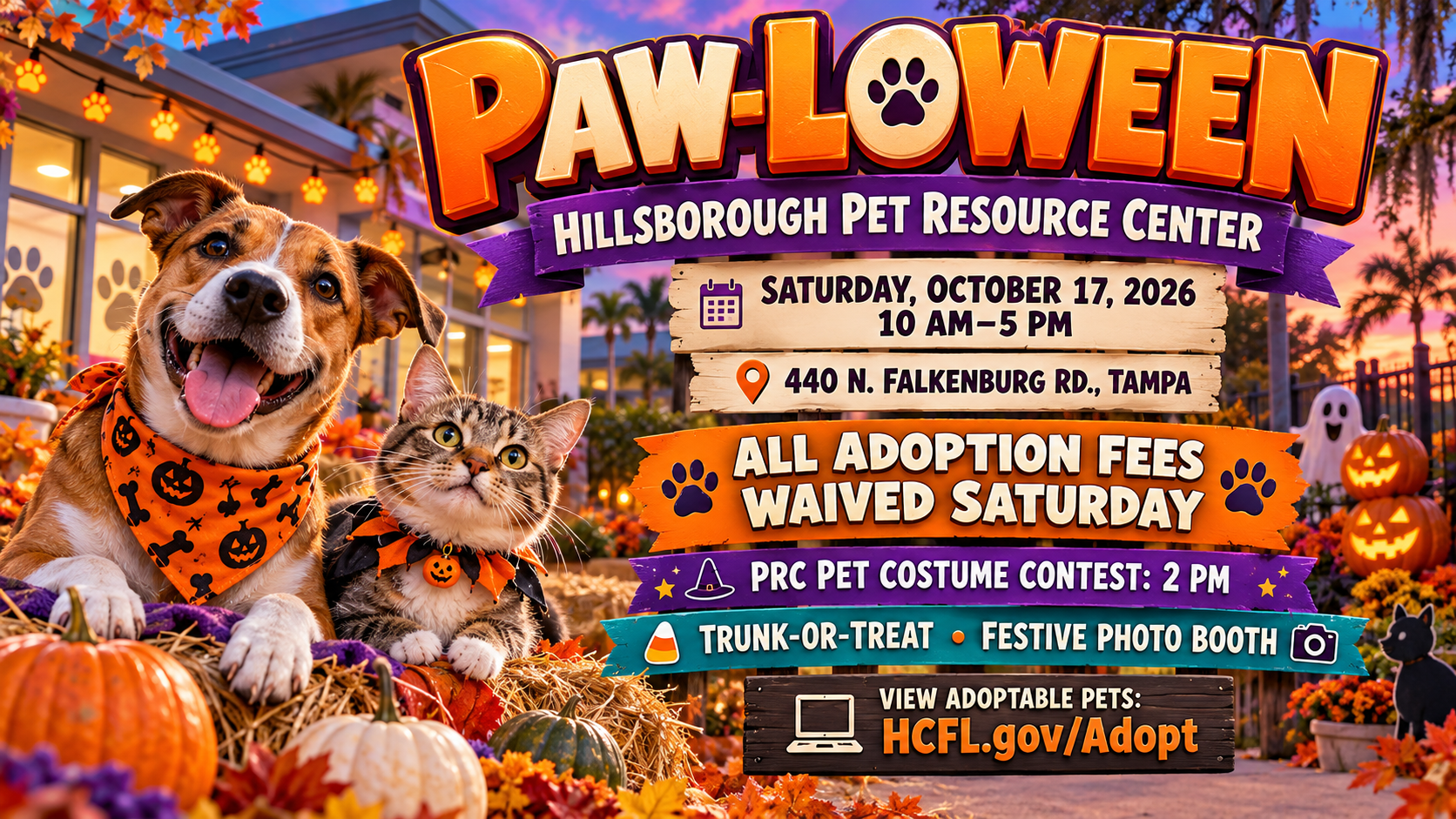 Paw loween, Hillsborough Pet Resource Center, Tampa pet adoption, October 17 2026, waived adoption fees, family events