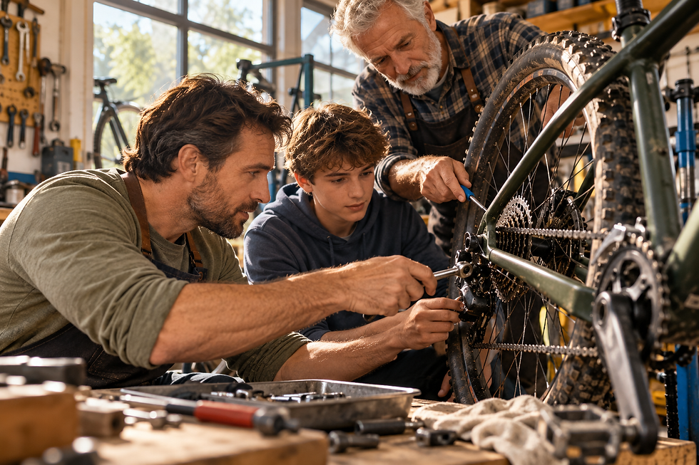 Father, teenage son, and older mentor working together to repair a bicycle in a bright workshop