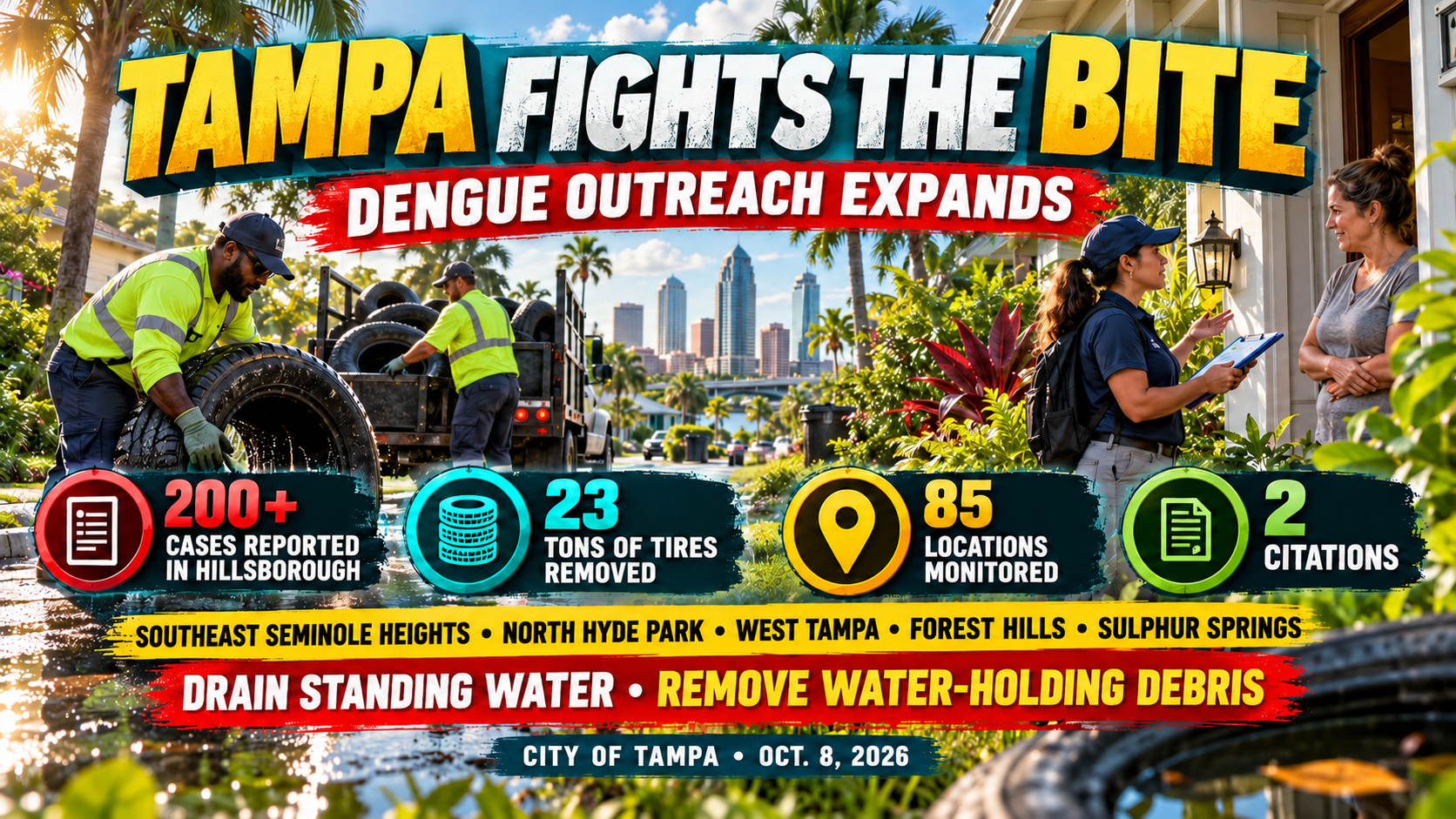 Tampa dengue outbreak, mosquito prevention Tampa, standing water removal, tire cleanup, Hillsborough dengue cases, Tampa Code Enforcement, mosquito breeding prevention