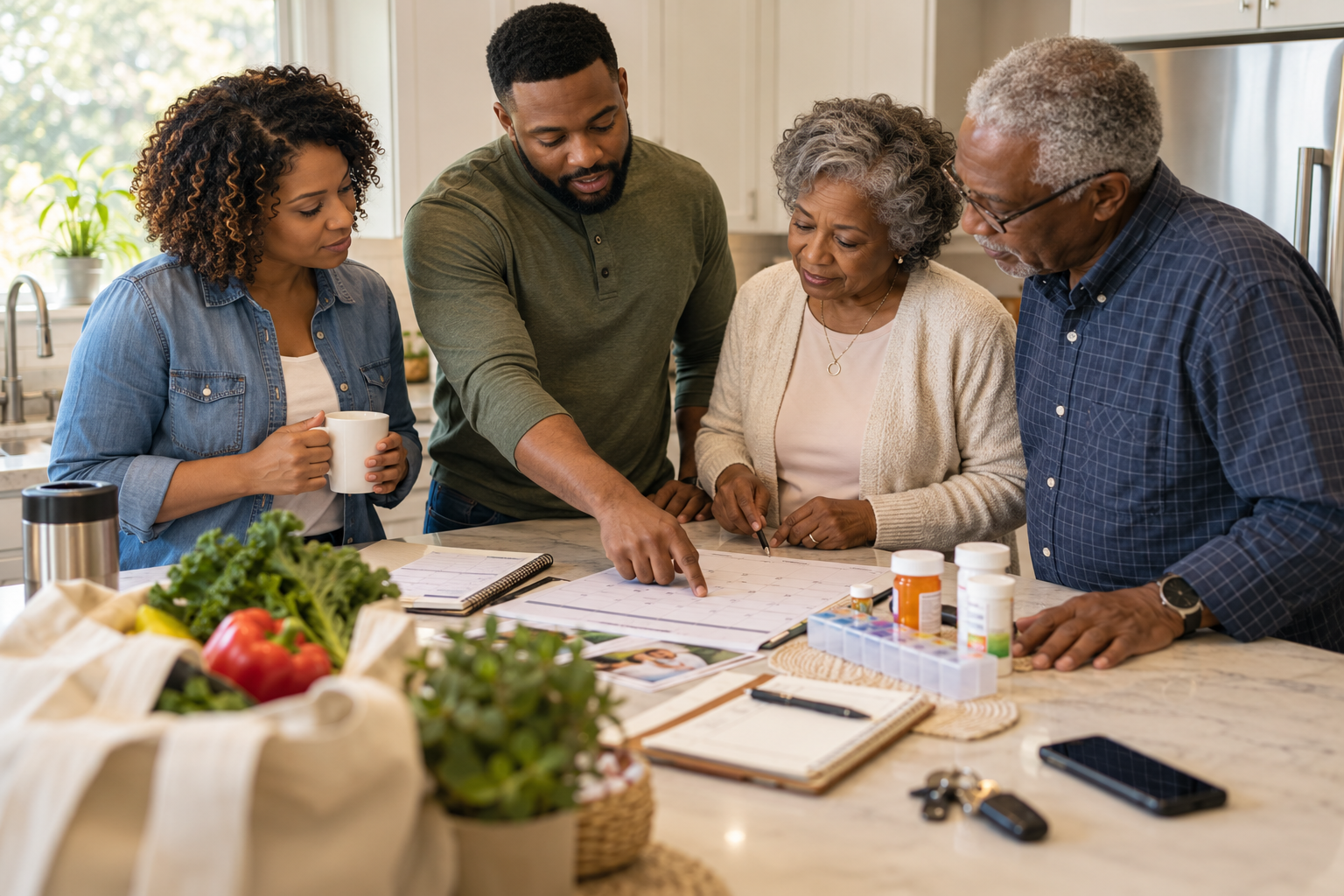 A married Christian man and his wife plan groceries, medication, and transportation with his aging parents around a kitchen island.