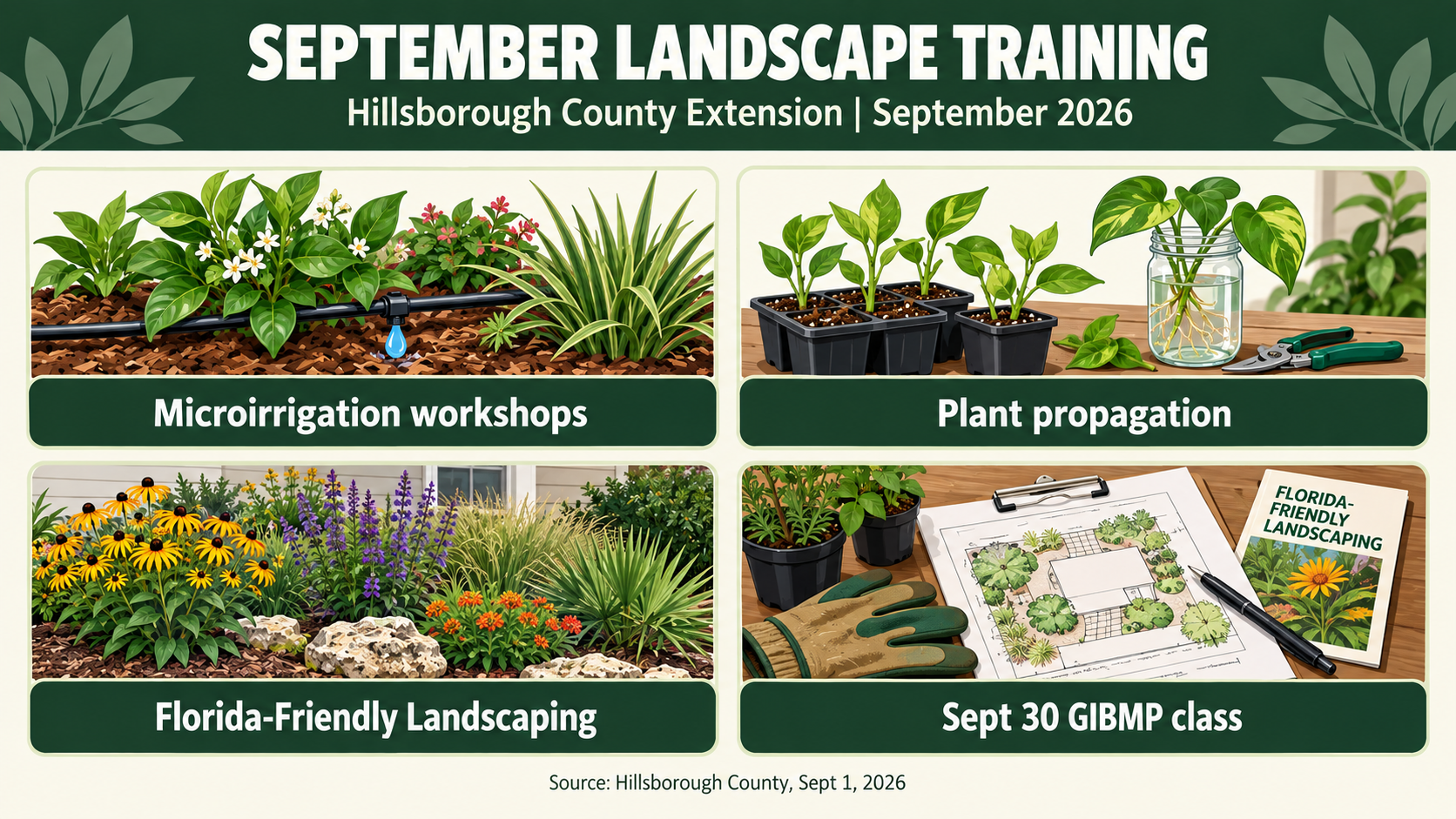 Hillsborough County landscape training September 2026, GIBMP fertilizer license Tampa, UF IFAS extension landscaping, Tampa plant propagation workshop, landscape professional CEUs