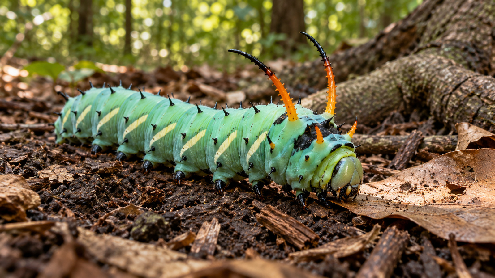 Blue-green hickory horned devil caterpillar with long orange and black-tipped horns crossing soft Florida woodland soil