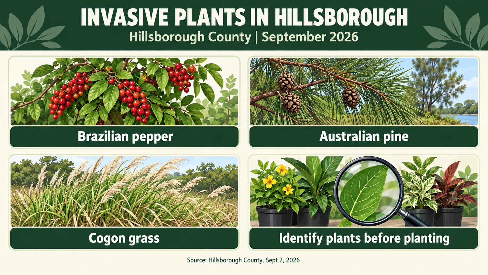 Hillsborough County invasive plants, Brazilian pepper Tampa, native landscape plants Florida, cogon grass management, South Tampa landscape plant selection