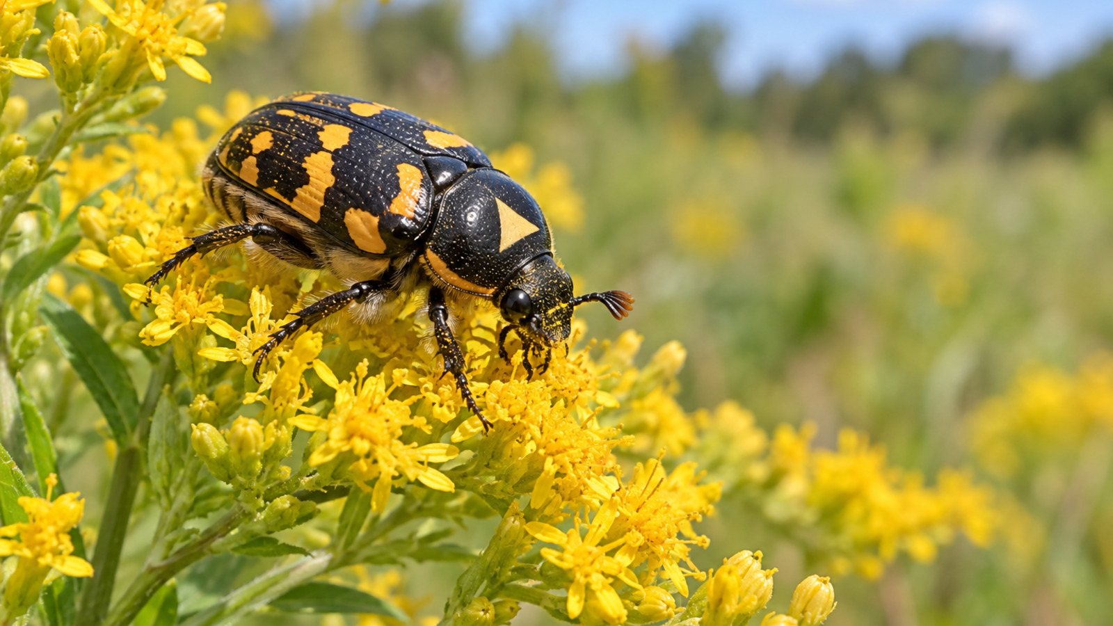 Delta Flower Beetle feeding on yellow goldenrod in a sunny Florida meadow
