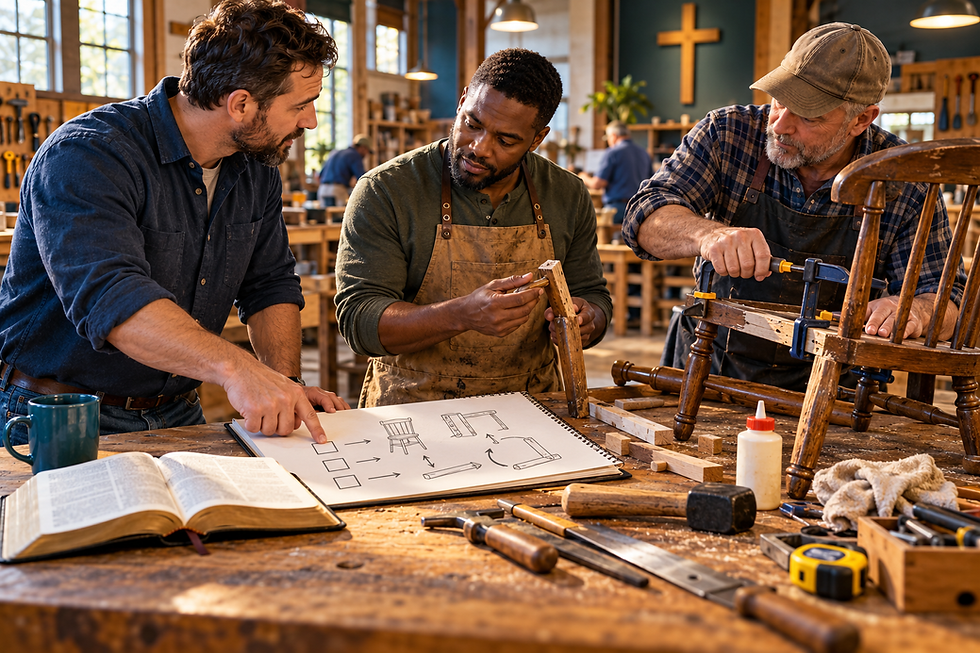 Three Christian men use a repair plan and tools to restore a broken chair, representing accountability, restitution, and changed action after failure.