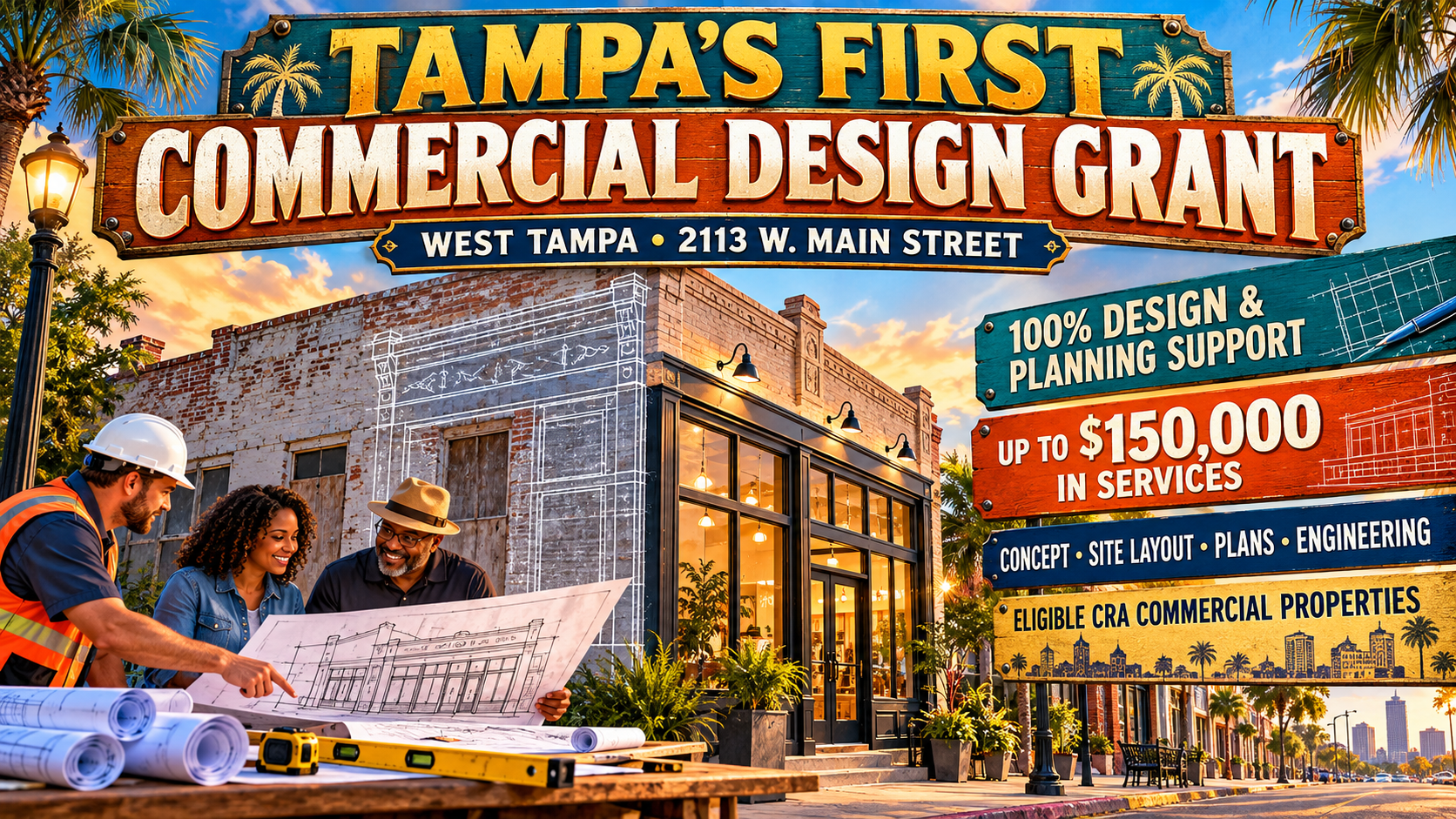 Tampa CRA grant, West Tampa commercial property, storefront renovation, exterior improvements, site planning, commercial design grant, Tampa redevelopment