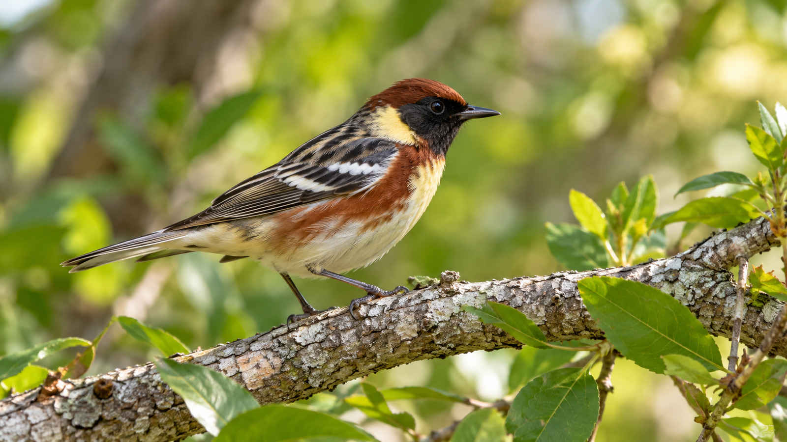 Breeding male Bay-Breasted Warbler perched in a leafy Florida woodland