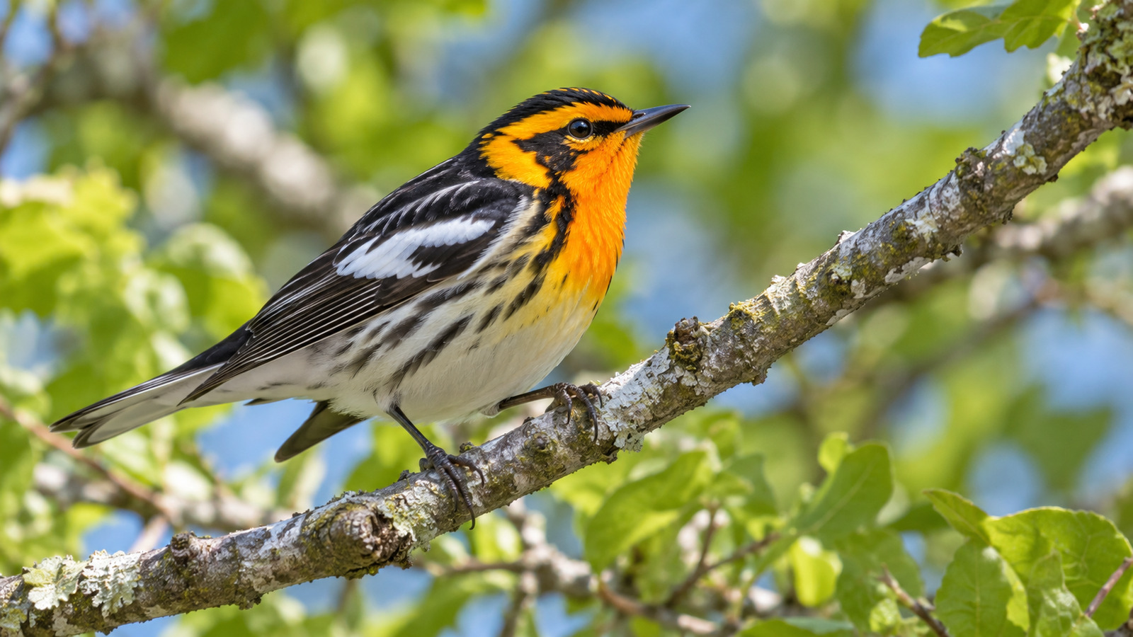 Breeding male Blackburnian Warbler perched in a Florida tree canopy