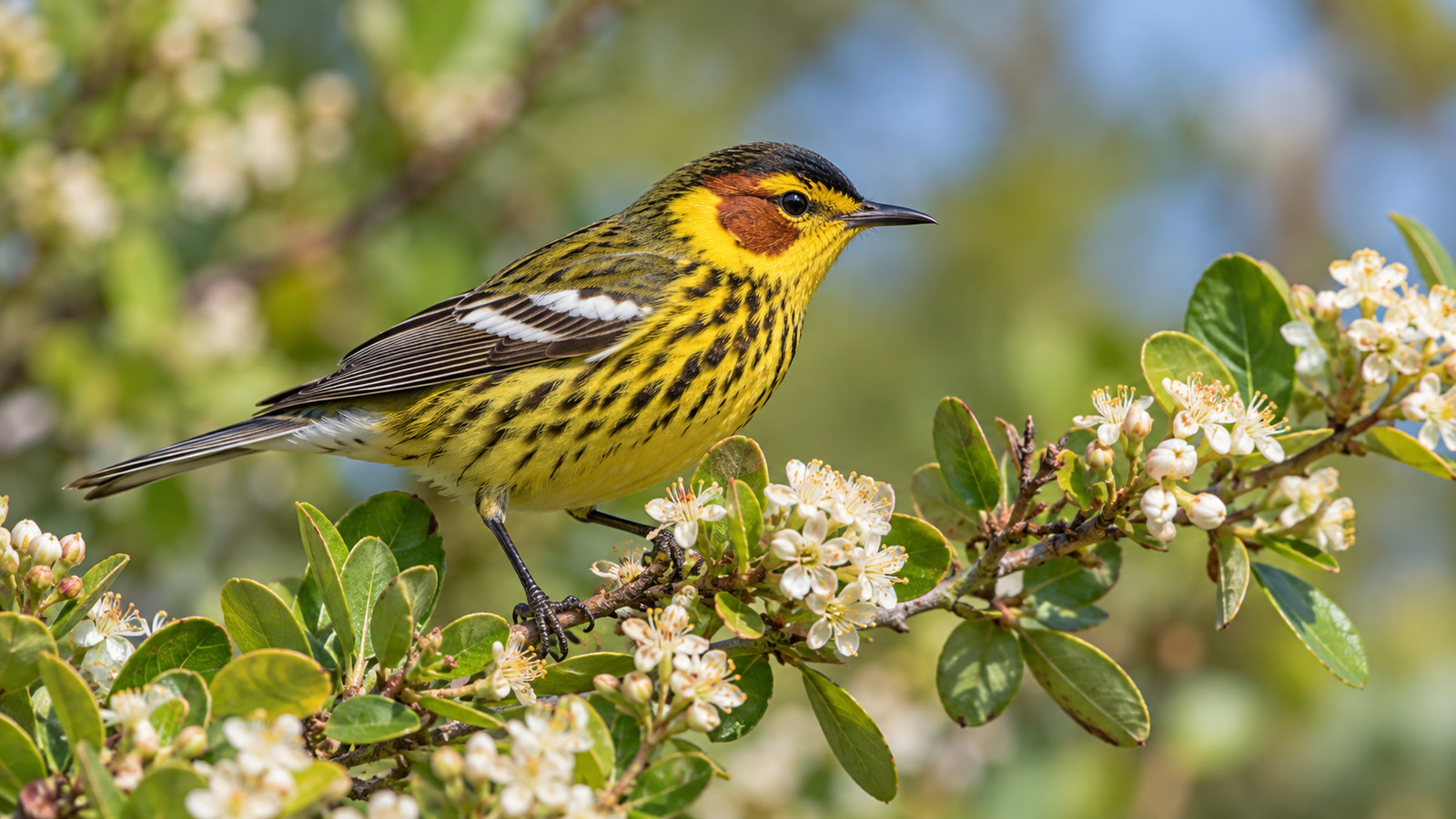 Adult male Cape May Warbler perched on a flowering shrub in Florida