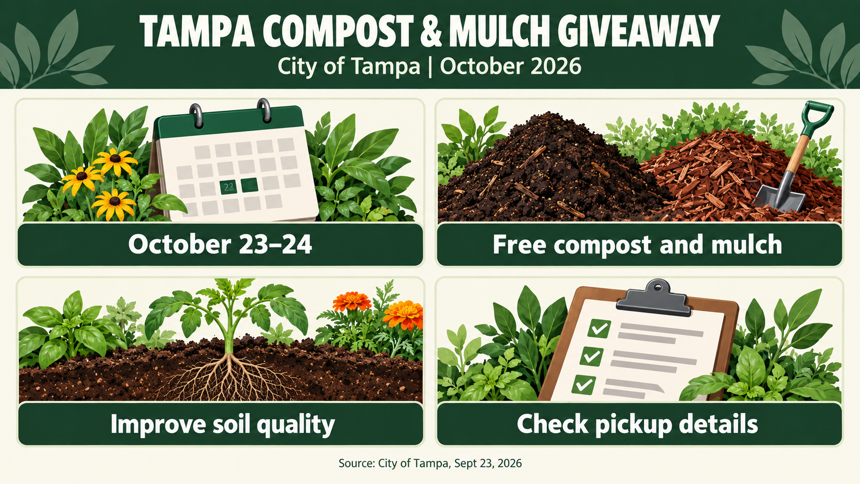 Tampa compost giveaway October 2026, Tampa free mulch, South Tampa soil improvement, drought landscape mulch Tampa, Tampa Water Department compost