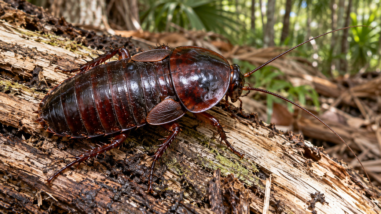 Adult Florida Woods Cockroach on damp palmetto litter showing its broad dark reddish-brown wingless body