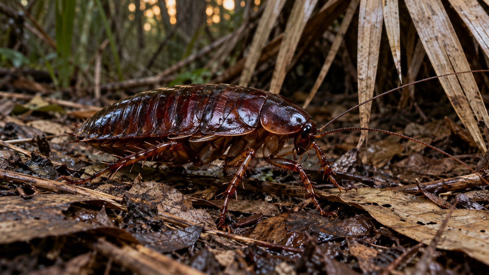 Florida Woods Cockroach beside decaying bark and leaf litter on a shaded Florida forest floor