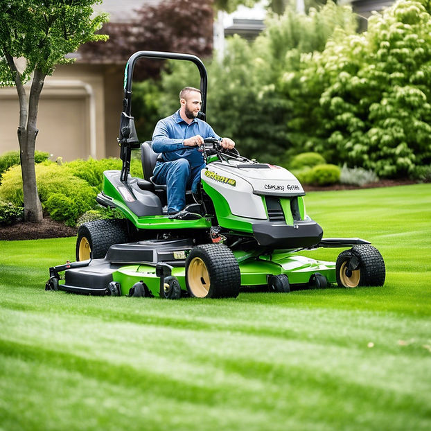 Frank Wible - Ecoscape Outdoor Landscaping landscaping cutting grass with commercial mower with Ecoscape on side of mower