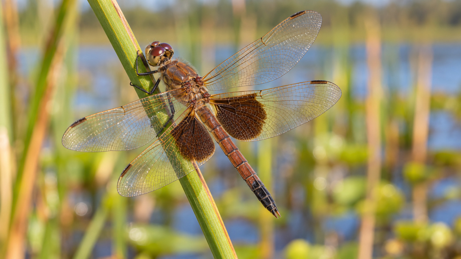 Adult female Carolina Saddlebags dragonfly showing brown saddle-shaped hindwing patches near wetland vegetation