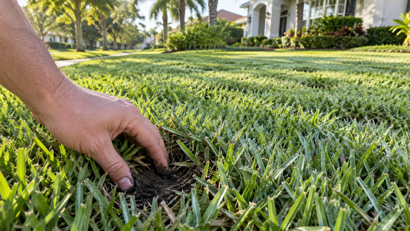 Early morning irrigation watering a healthy South Tampa lawn