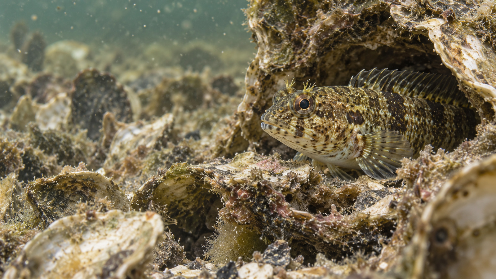 Florida Blenny peering from an oyster-shell crevice in a shallow estuary