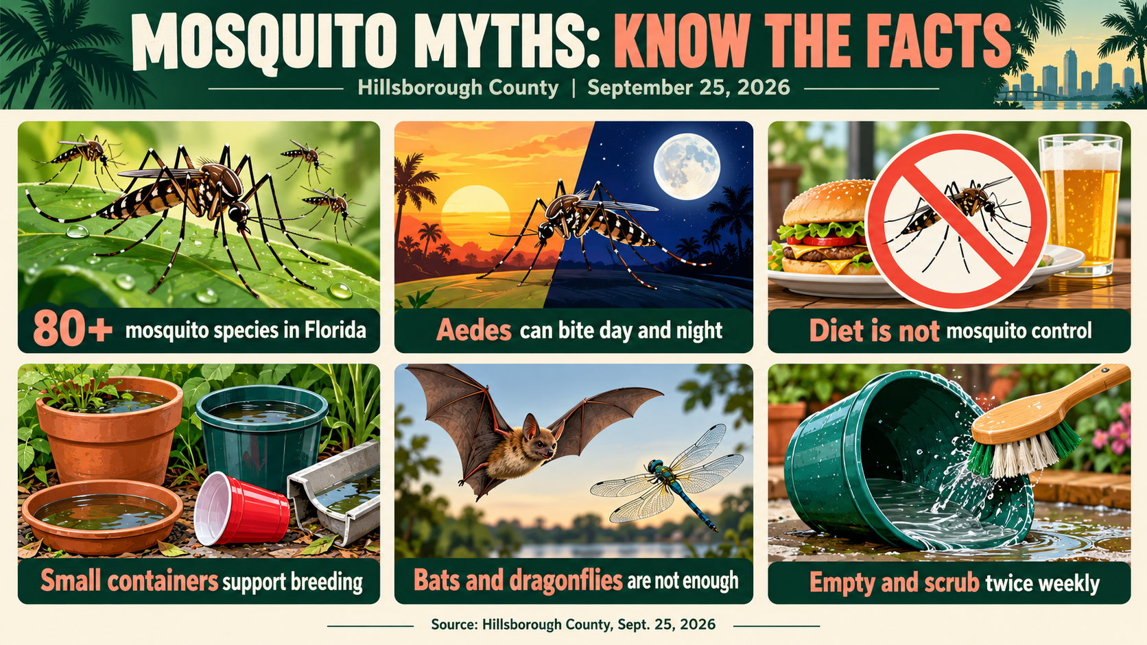 Hillsborough County mosquito myths, Tampa dengue prevention, South Tampa standing water, Aedes aegypti Tampa, mosquito breeding flowerpot saucers, Tampa landscape mosquito prevention