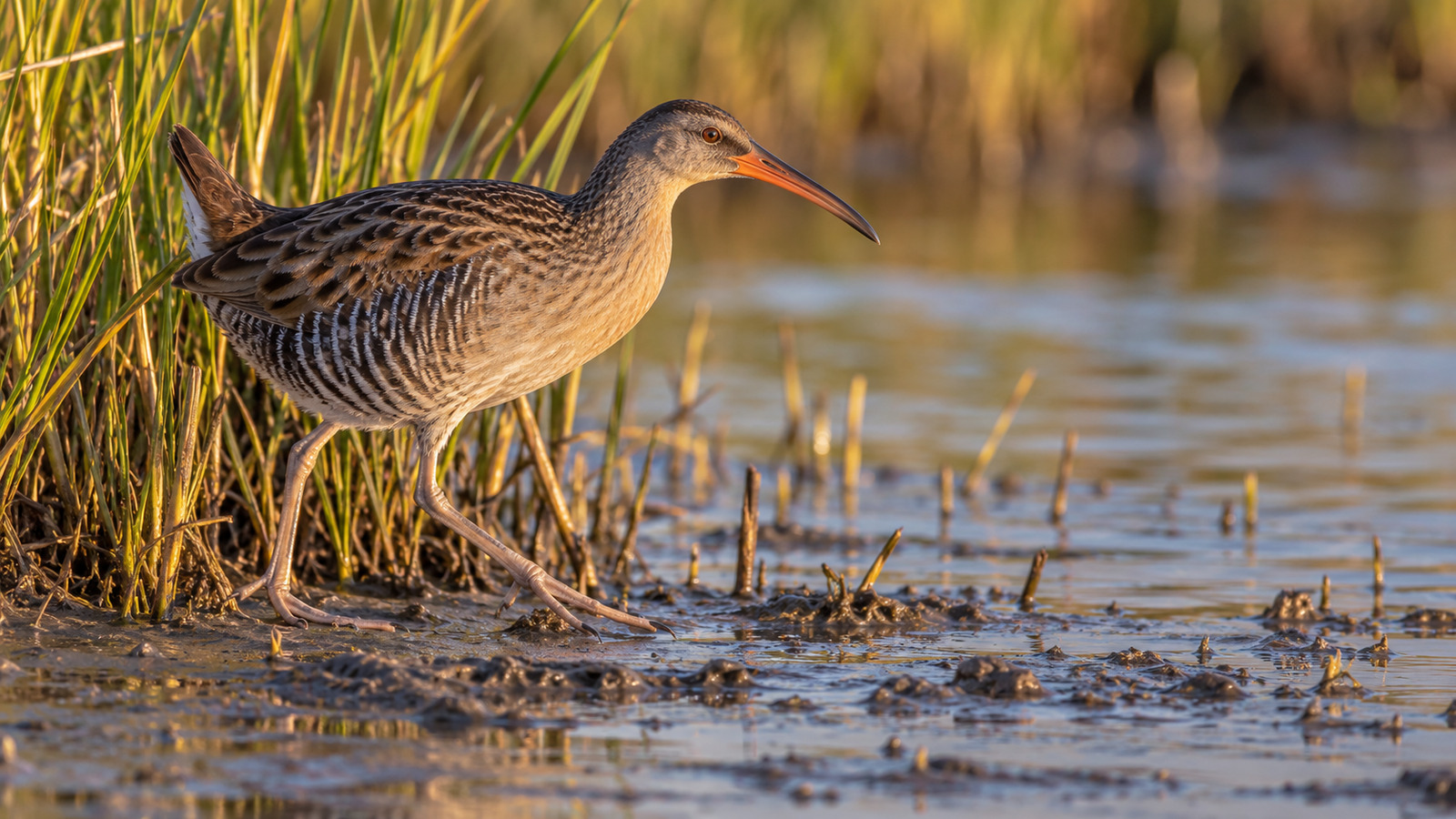 Clapper Rail walking along the muddy edge of a Florida salt marsh