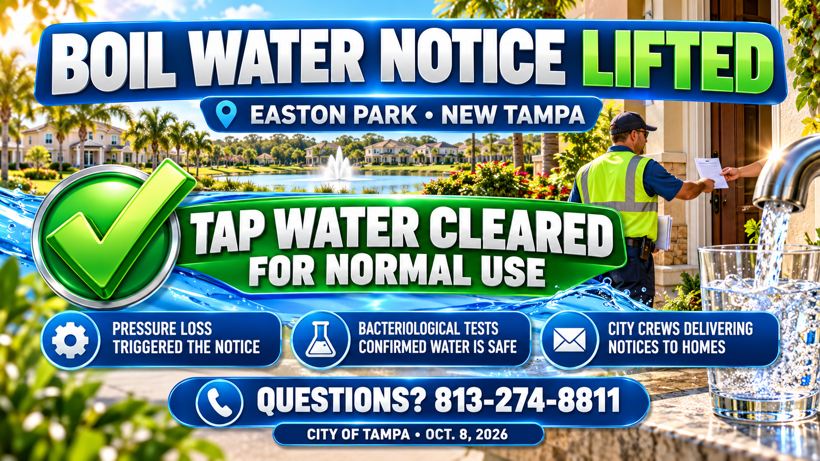 Easton Park boil water notice lifted, New Tampa water, Tampa Water Department, bacteriological testing, water pressure loss, Tampa utilities, tap water safe