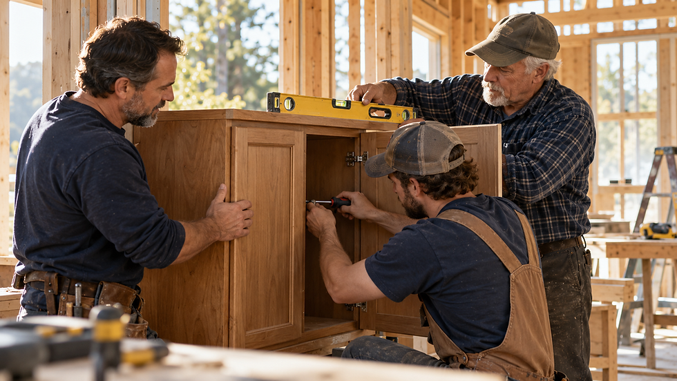 Illustrative scene of three men realigning and repairing a cabinet together after receiving feedback.