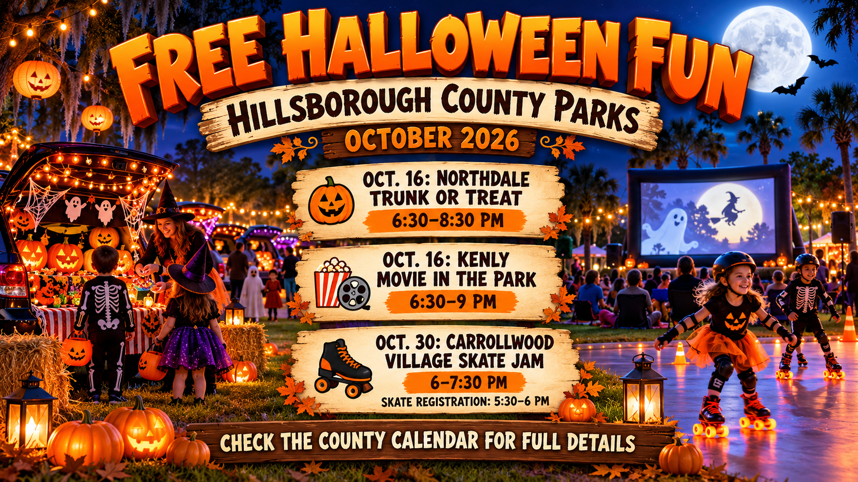 Hillsborough Halloween events, Tampa family events, free Halloween activities, Northdale trunk or treat, Kenly Park movie, Carrollwood skate jam
