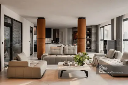 Chup anh Luklak Architects noi that phong khach chung cu Starlake hien dai bo sofa da cao cap va hai cot tron cam 15mmphoto