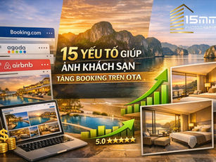 Quảng cáo với hình ảnh khách sạn, máy tính xách tay hiển thị phòng, biểu đồ tăng trưởng xanh. Văn bản: "15 yếu tố giúp ảnh khách sạn tăng booking trên OTA."