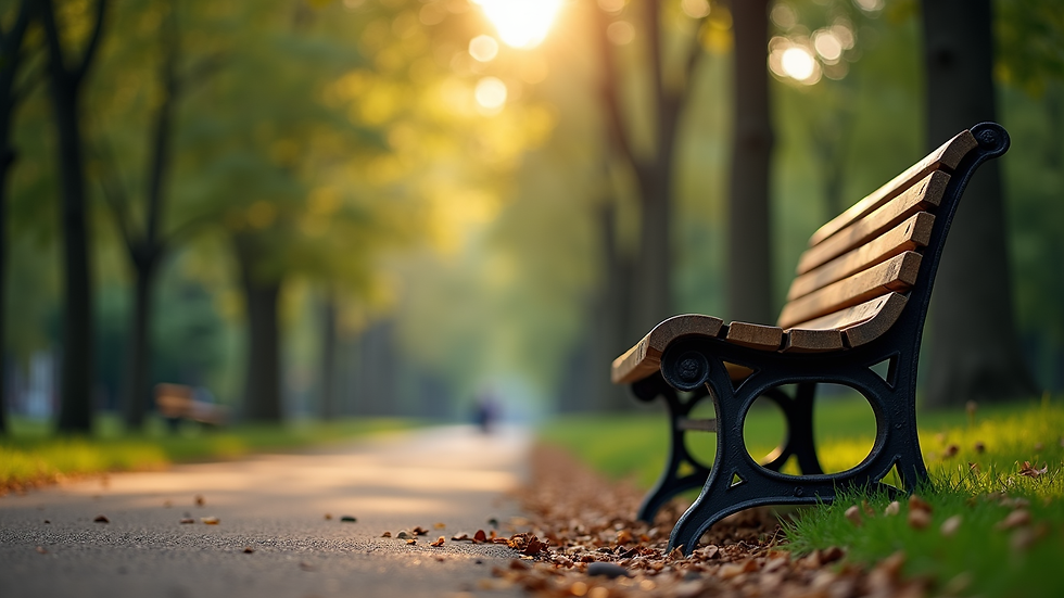 Eye-level view of a serene park bench surrounded by trees