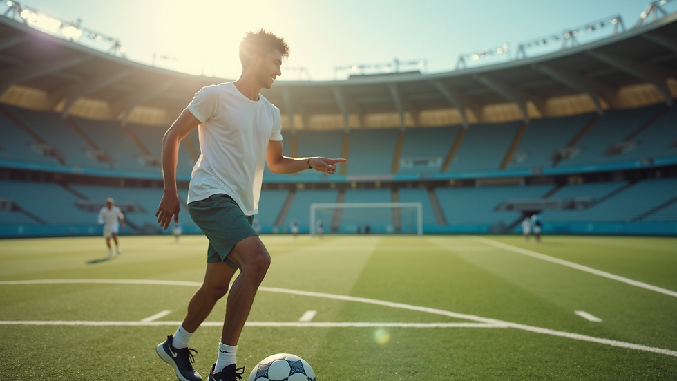Eye-level view of a sports field with a focus on a single athlete practicing rehabilitation exercises