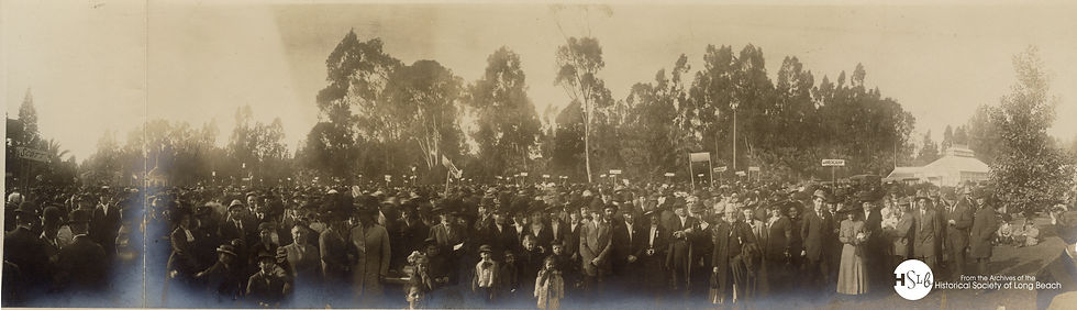 B&W panoramic photograph of attendees at an Iowa State picnic, taken sometime between the late 1800's and early 1900's.