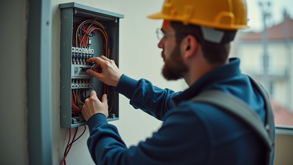Close-up view of an electrician fixing a fuse box in a residential building